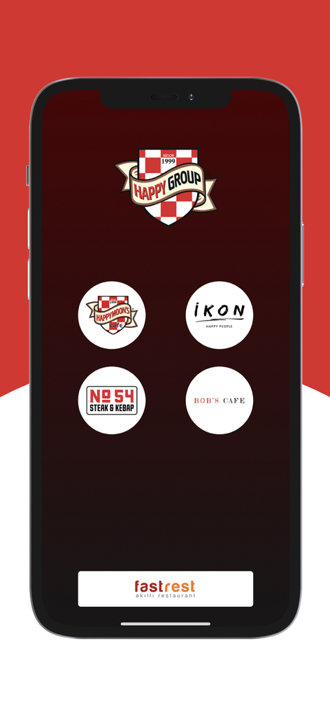 Happy Group - Happy Group mobile app brand selection screen featuring logos for Happy Moons Cafe, IKON, No 54 Steak and Kebap, and Bobs Cafe