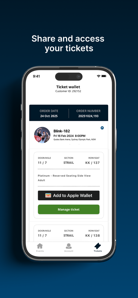 Digital ticket wallet in the Ticketek AU app showing a concert ticket for Blink-182 and an option to add it to Apple Wallet