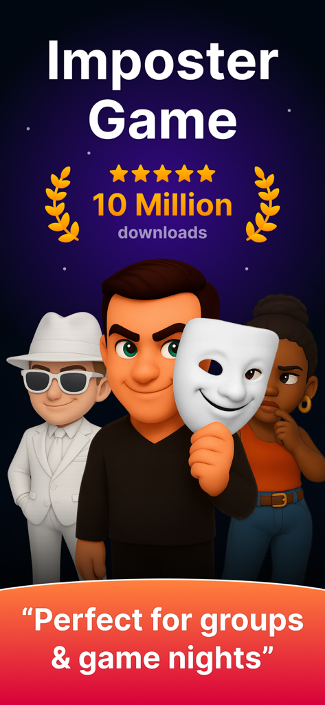 Imposter - Who is the Spy? - Tres personajes de dibujos animados en un juego de deducción social, incluido el Sr. Blanco con una máscara y el texto perfecto para grupos y noches de juegos