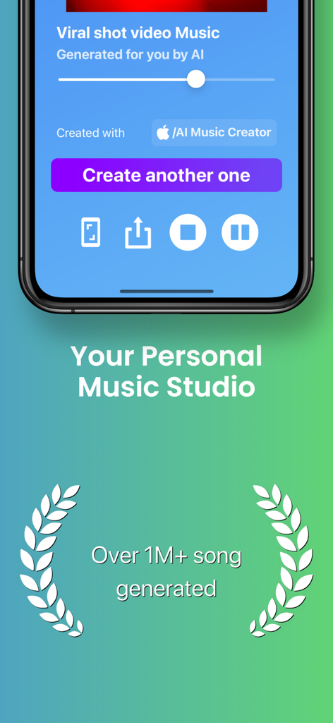 Riffusion: Songify Text AI - Interfaz de la aplicación Riffusion que muestra una canción generada por IA para videos virales con un subtítulo que dice tu estudio de música personal