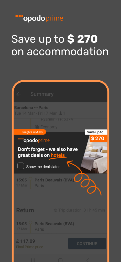 Opodo: Flights, hotels, cars - Pantalla móvil de la aplicación de viajes Opodo que muestra una promoción para ahorrar hasta 270 dólares en alojamiento de hotel