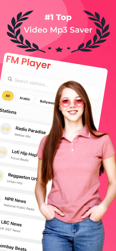 Tubidy FM app interface showing radio station categories and a list of stations including Lofi Hip Hop and NPR News