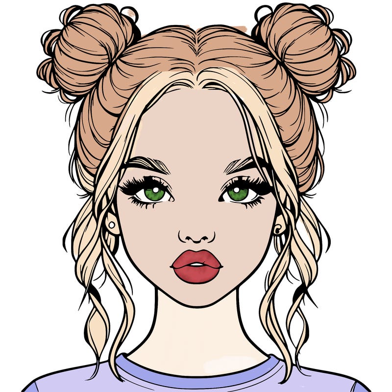 realistic girl with two buns in hair and lips