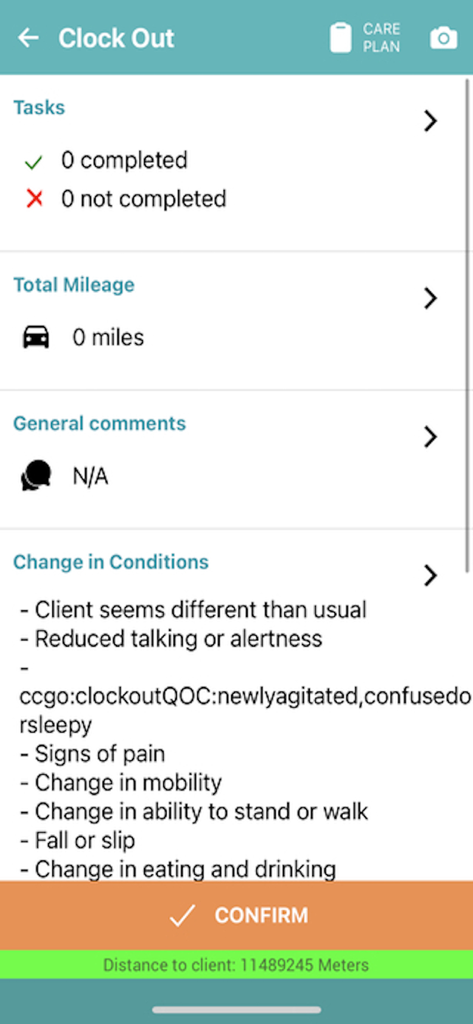 WellSky Personal Care app clock out interface showing caregiver tasks mileage and client health updates