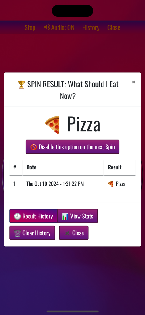 Spin The Wheel, Random Picker - A popup showing pizza as the result for a food decision wheel.