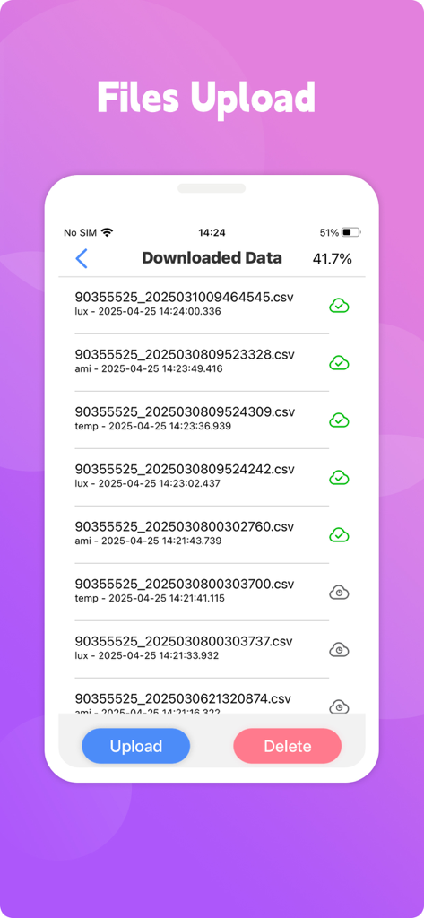 Sleep Watch - Interfaz de la aplicación Sleep Watch que muestra una lista de archivos de datos CSV clínicos descargados con opciones para subir a la nube o eliminar