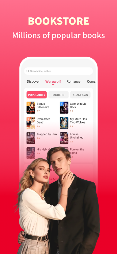 iFnovel app bookstore screen showing popular romance and werewolf web novel titles