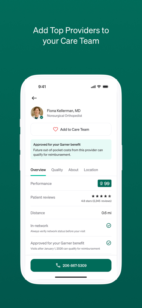 Garner Health - Mobile app screen showing a top rated doctor profile with performance scores and reimbursement status