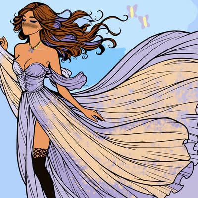 realistic woman in dress flowing the the wind