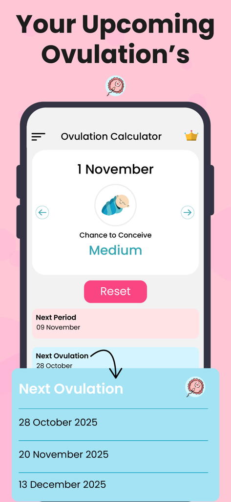 Ovulation: Period Calculator - A screen from the Ovulation Period Calculator app showing upcoming ovulation dates and the chance to conceive.