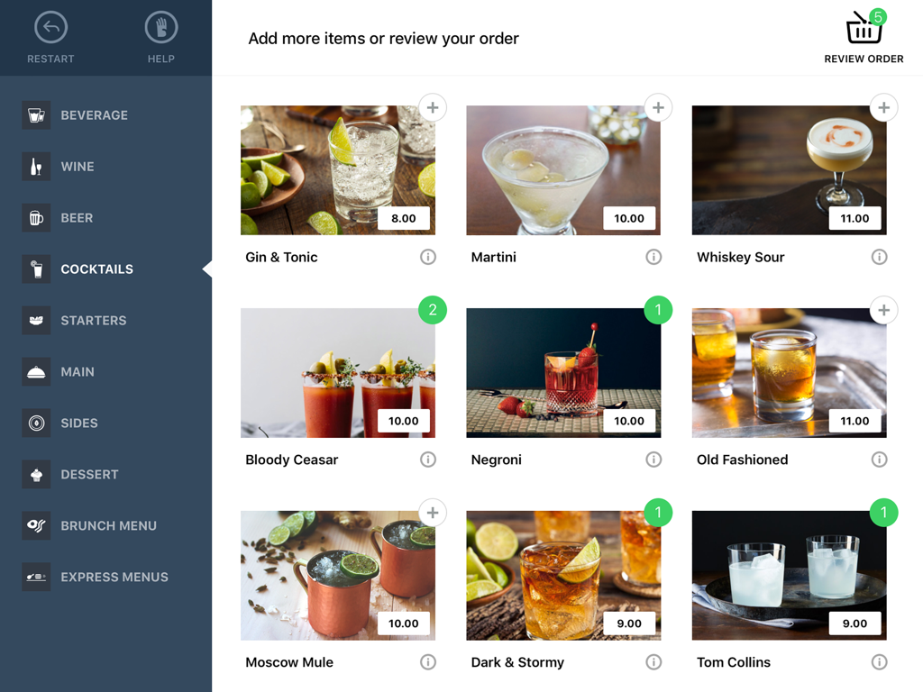 Lightspeed - Self-Order Menu - A digital cocktail menu on an iPad showing various drink options with images and prices like Gin and Tonic and Negroni