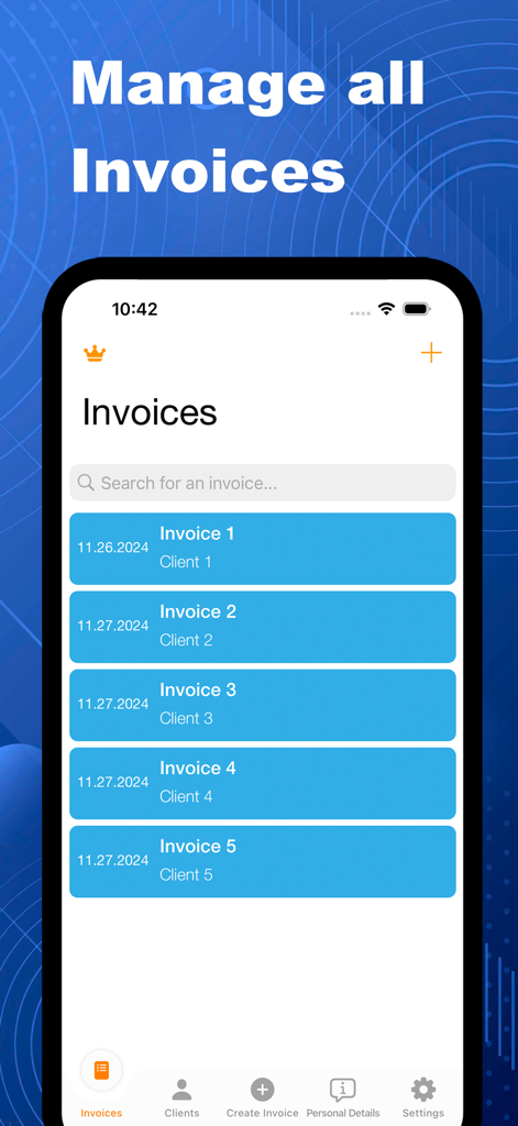Simple Invoice Creator & Maker - Interface de aplicativo móvel exibindo uma lista de faturas de clientes ordenadas por data