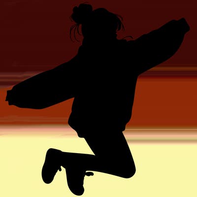 realistic girl jumping with a bun and oversized sweatshirt