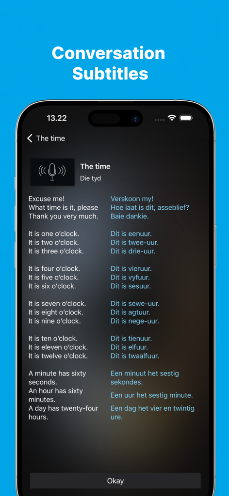 English to Afrikaans translation screen for telling the time