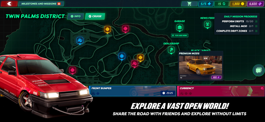 Mapa del mundo abierto de Static Shift Racing del Distrito Twin Palms con un coche rojo personalizado.