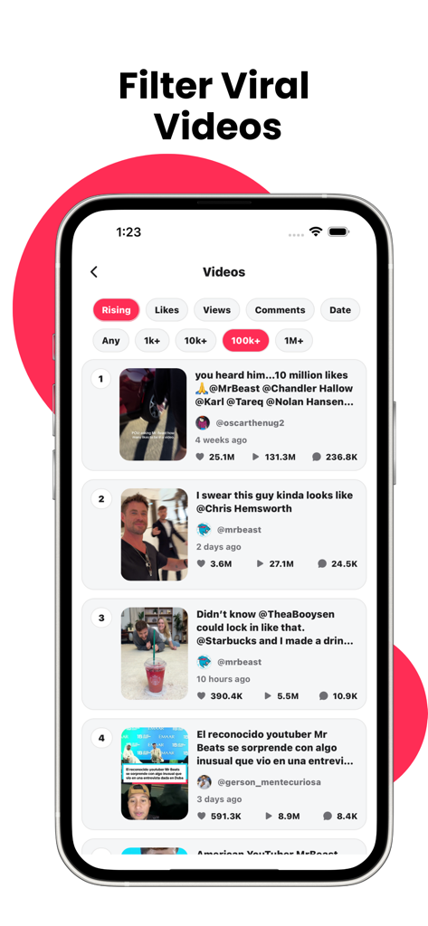 ViralFinder - Trending Content - Schermata dell'app ViralFinder che mostra un elenco di video di tendenza con filtri di coinvolgimento per visualizzazioni e mi piace