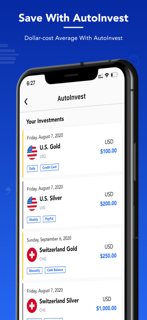 OneGold app interface displaying the AutoInvest feature with options for daily and weekly recurring purchases of gold and silver.