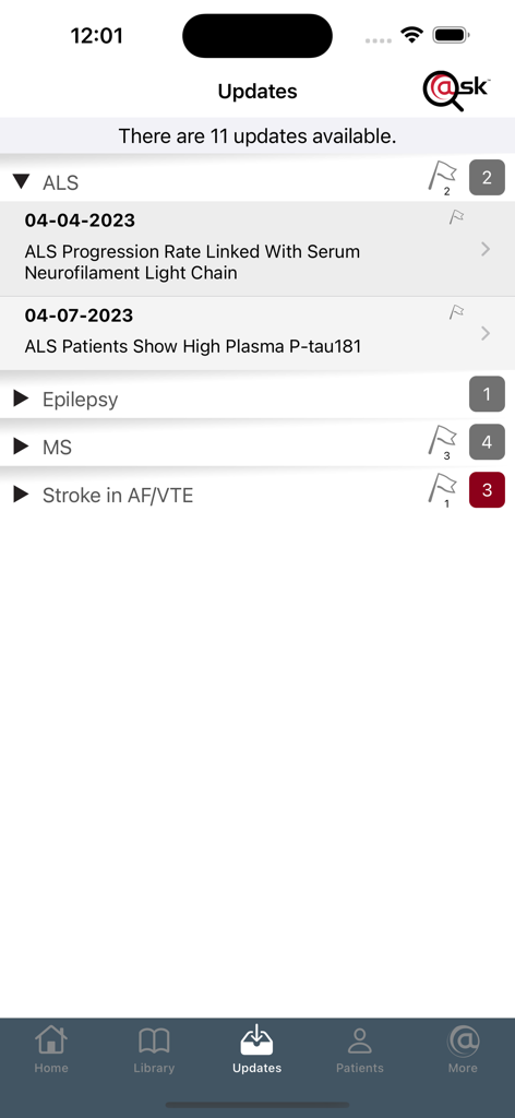 Neurology @Point of Care - Screen showing clinical research updates for neurology professional app.