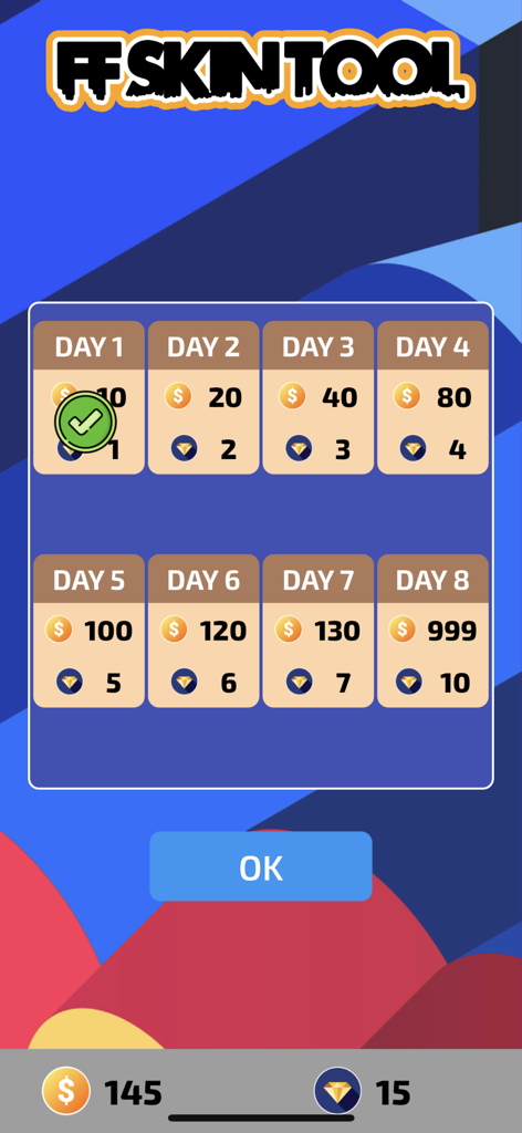 FFF FF Skin Tool - FFF FF Skin Tool daily reward interface showing coins and diamonds for an eight day login streak