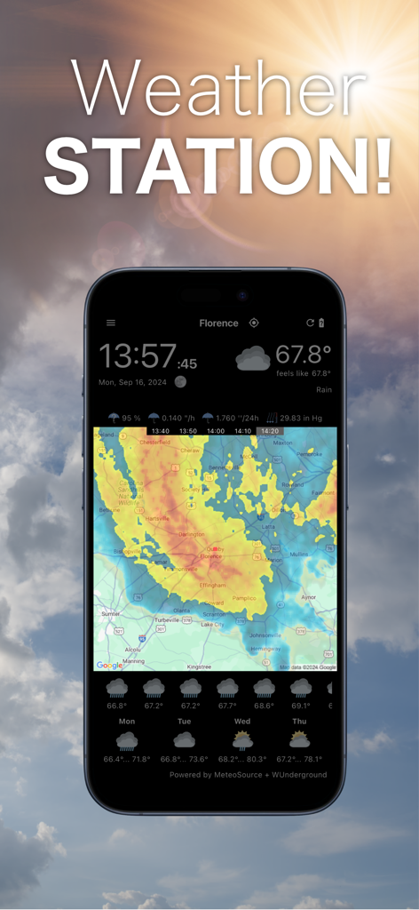 WhatWeather Weather Station - WhatWeather app dashboard showing a detailed weather radar map and local forecasts on an iPhone