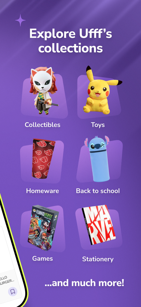 Pantalla de la app UFFF mostrando varias categorías de productos como coleccionables, juguetes, artículos para el hogar, juegos y papelería.