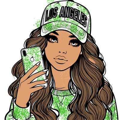 realistic beautiful girl wearing los ángeles cap holding an iphone