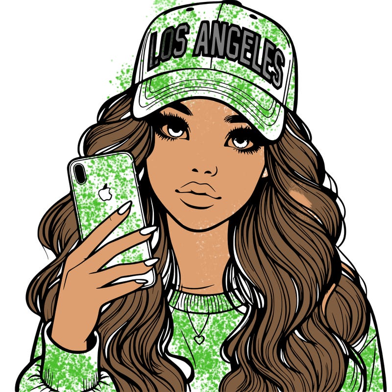 realistic beautiful girl wearing los ángeles cap holding an iphone