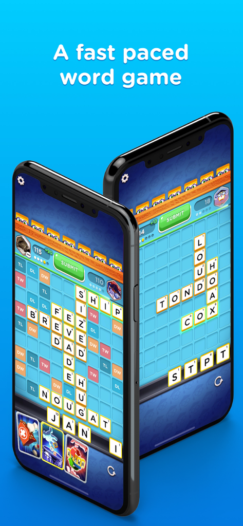 Word Domination: PvP Word Game - Zwei Smartphones, die das rasante Gameplay des Word Domination PvP-Wortspiels zeigen