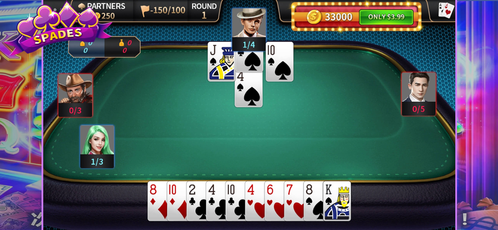 Spades - offline card games. - Gameplay of Spades offline card game showing players and cards on a green table