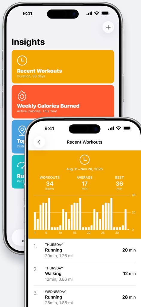 Deux écrans d'iPhone affichant des informations sur l'entraînement et une liste détaillée des activités récentes avec des graphiques à barres dans l'application Zones for Training