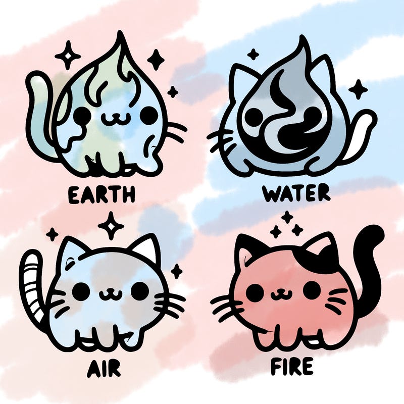 4 cats that represent the different elements, earth, water, air, and fire
