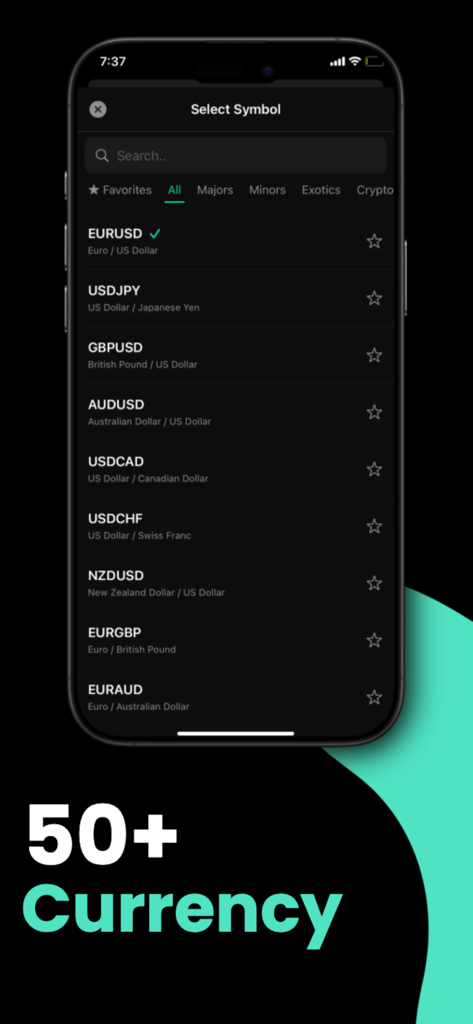 Interfaz que muestra más de 50 pares de divisas para operar en la aplicación Calculadora Forex