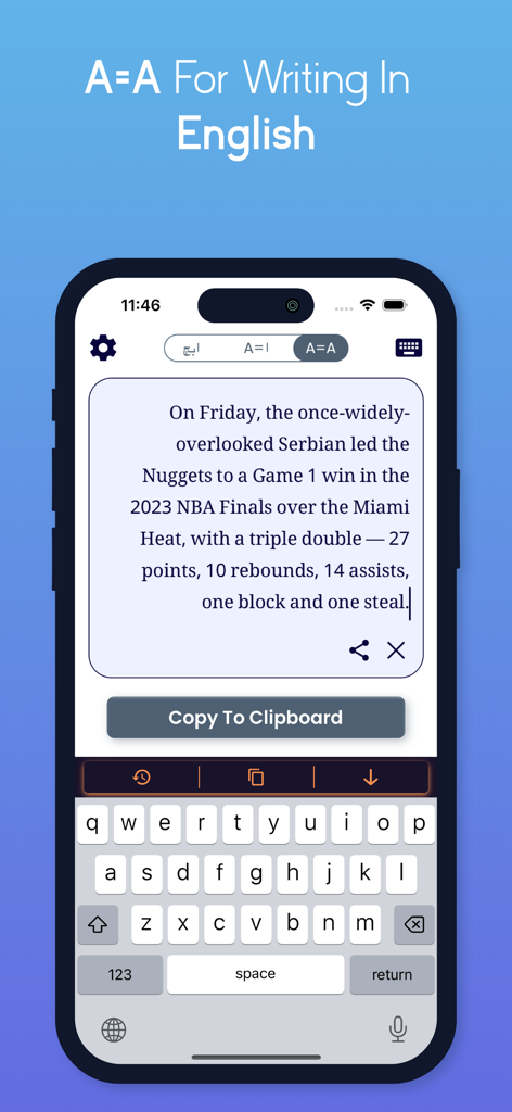 Persian Keyboard - Farsi Keys - Persian Keyboard app interface showing the A=A mode for writing in English using a QWERTY layout