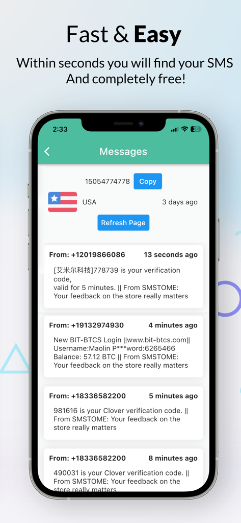 Receive SMS Online app interface showing a virtual USA number and a list of received verification messages