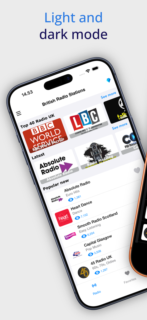 User interface of the UK Radio Stations Live app displaying British radio stations in light mode.