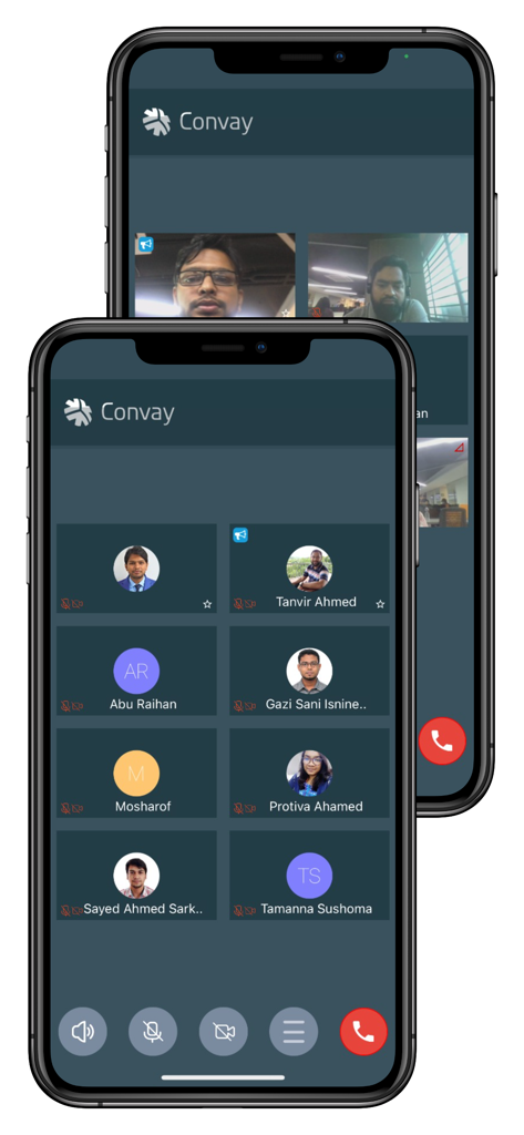 Convay app showing a group video call with multiple participants on a mobile phone.