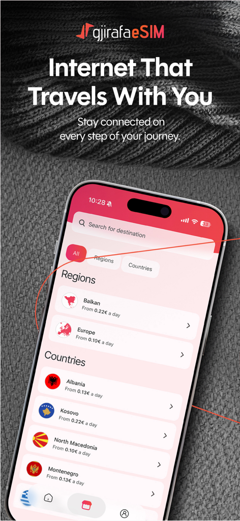 Gjirafa eSIM app interface showing travel data plans for the Balkans and European countries.