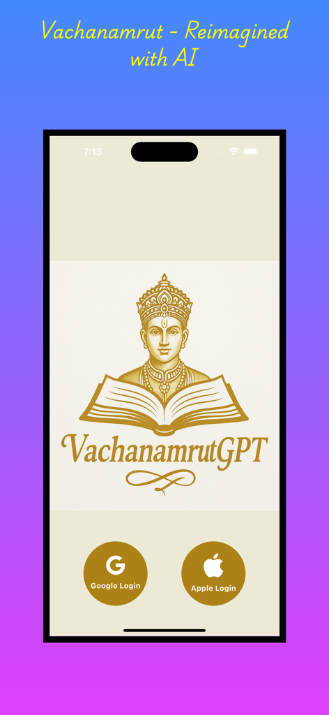 VachanamrutGPTアプリのログイン画面。精神的なロゴとソーシャルログインオプションが表示されています。