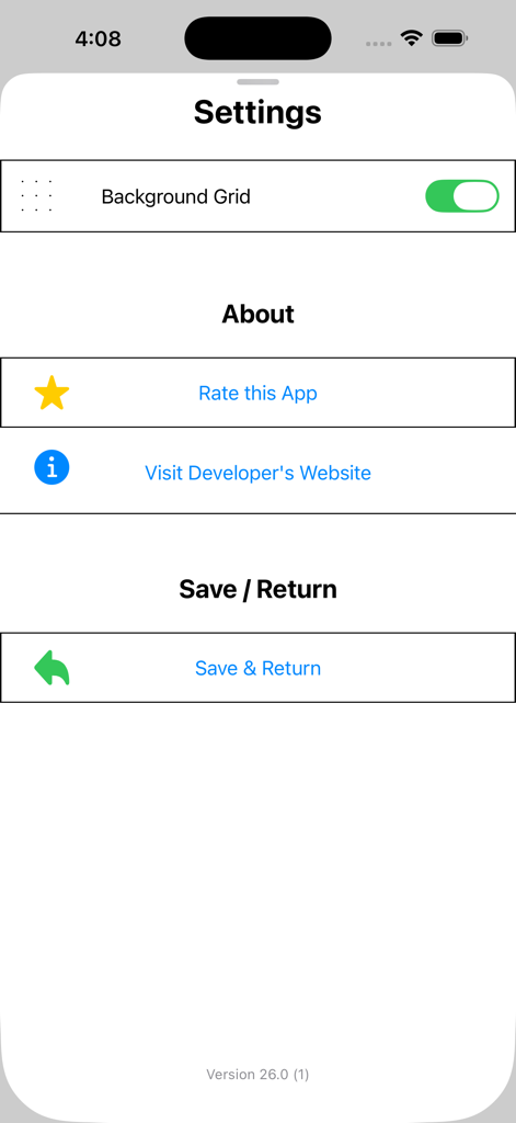 A interface de configurações do aplicativo Screen Test Utility apresentando um alternador de grade de fundo e uma seção sobre
