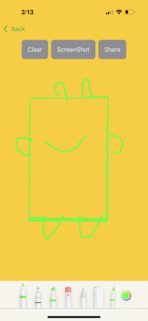 Maze Lab Creator - 黄色い背景に描かれた緑色のキャラクターの描画、迷路ラボクリエイターアプリのデジタルアートツール。