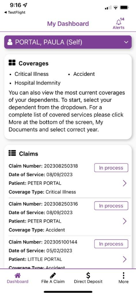 My Aetna Supplemental - User dashboard on My Aetna Supplemental app showing coverages and recent claims.
