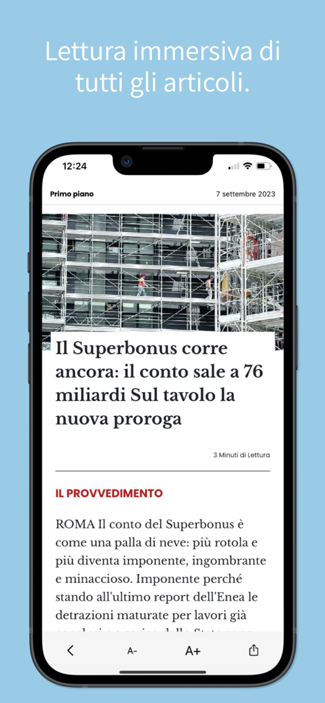 Screenshot of an Italian news article on the Il Messaggero mobile app featuring immersive reading mode
