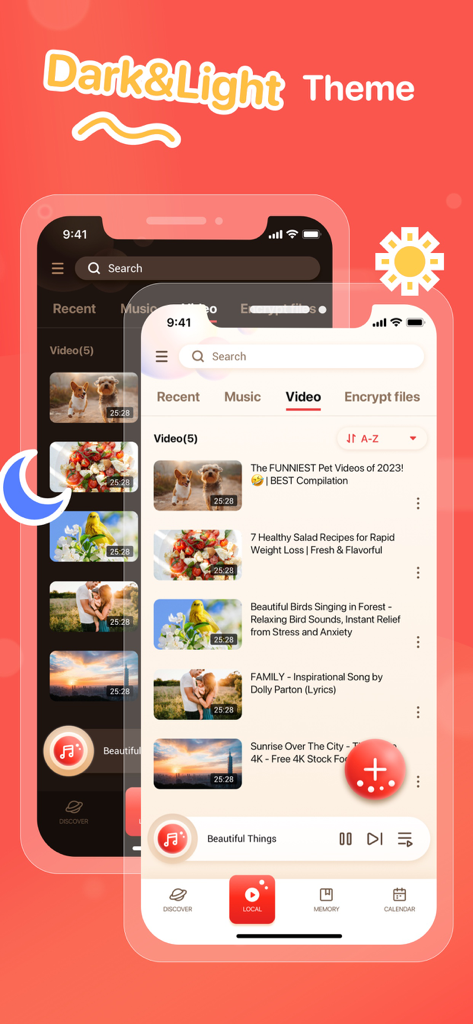 Bubble Player app interface showing dark and light mode theme options