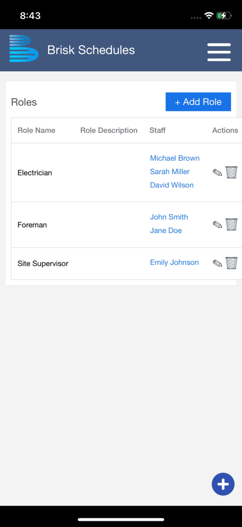Brisk Schedules - Brisk Schedules mobile app interface showing a list of employee roles and assigned staff members