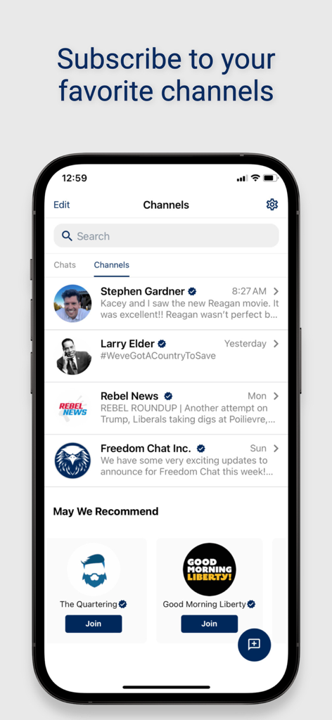 Freedom Chat - Smartphone screen displaying the Freedom Chat app channels list with subscription options for news and influencers.