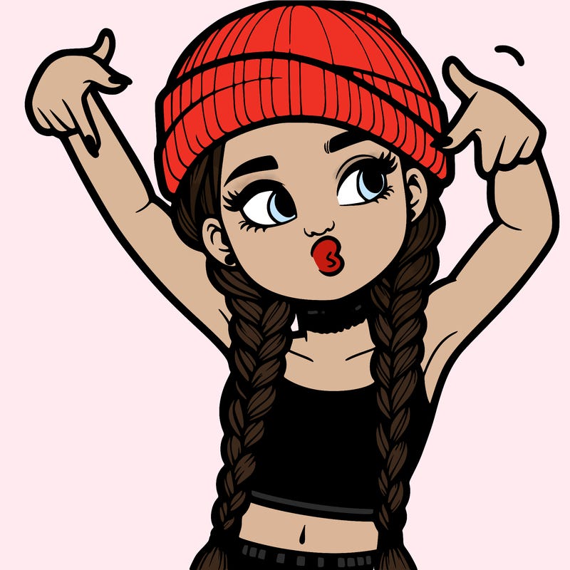 realistic teenage girl with braids and a beanie and crop top doing 🫶🏼