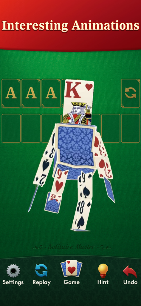 Solitaire Master - Classic - A 3D character constructed from playing cards on a classic green solitaire table background.