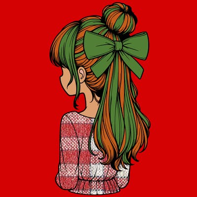 realistic girl  with hip length hair a bun and a big bow on the back of head