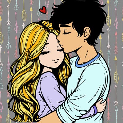 a realistic couple boy and girl hugging and kissing