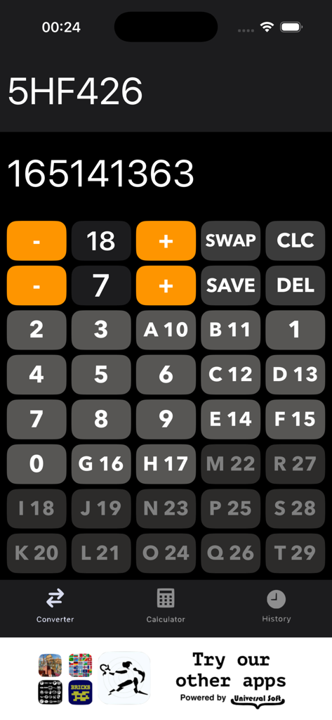 Programming Calculator app interface with custom numeric and alphabetic keypad